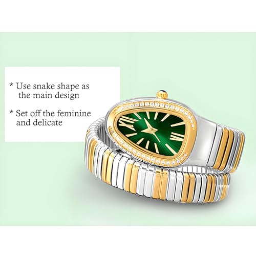 Women's Watch Snake Watch Snake Head Bracelet Stainless Steel with Diamonds Snake Watch (Gold White)