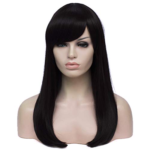 WGPFWIG Long White Wig Straight Wig Side Bangs Wig for Women Natural Fashion Synthetic Wigs For Women Girl Cosplay Party Halloween Wig Cap Included (Black-Middle)