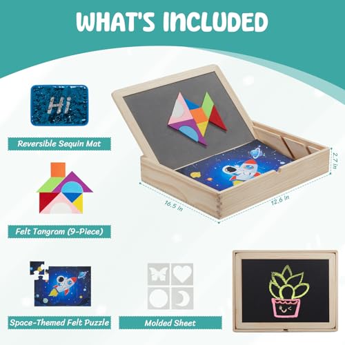 Image of Sensory Board for Toddlers & Kids - Wooden Sensory Sequin Box with Flip Mats, Space Felt Puzzle & Tangram | Montessori Sensory Toy for Calm Down Corner, Autism, Classroom & Daycare