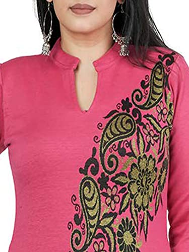 Image of Rosary Women's Winter Wear Jacquard Woolen Straight Kurti with 2 Side Pockets,Hotpink Kurti,XL