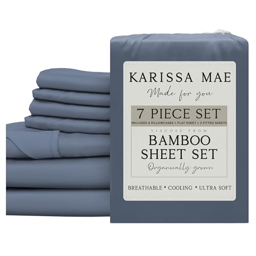 Image of KARISSA MAE 7 Piece Luxury Bamboo Viscose Split King Sheets, FSC Certified | Includes 2 Twin XL Fitted Sheets | Sleep Number & Adjustable Bed | Cooling | 18 inch Deep Pocket | 4 Pillowcases [Slate Blue]