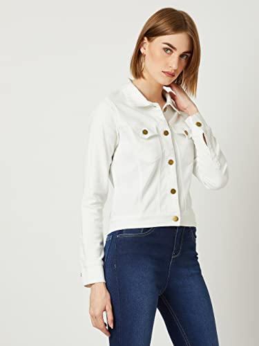 Image of Miss Chase Women's Polo Neck Full Sleeves Patch Pocket Denim Overcoat Knee-Length Jacket