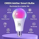 OREiN Matter Smart Light Bulb, 1600 Lumens 100W Equivalent Smart Light Bulbs, Color Changing Light Bulbs Work with Apple Home, Alexa, Google Home, SmartThings, A21 Smart Bulbs 2.4Ghz WiFi, 2Pack - Image 2