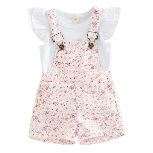 Toddler Baby Girl Overalls Ruffle Sleeve T-Shirt Top Floral Suspender Short Pants Little Kids Summer Clothes Set