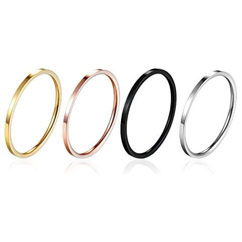 yfigo 4pcs 1mm Titanium Stainless Steel Women Plain Stacking Rings Knuckle Bands Classic Wedding Bands Silver-Gold-Rose Tone-Black 6-10 Cover