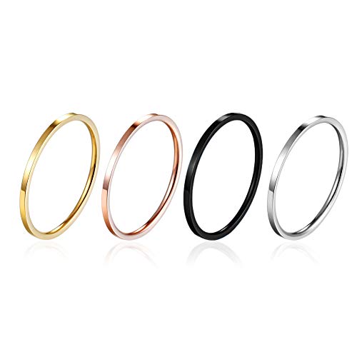 Yfigo 4Pcs 1Mm Titanium Stainless Steel Women Plain Stacking Rings Knuckle Bands Classic Wedding Bands Silver-Gold-Rose Tone-Black 6-10 #TOP10