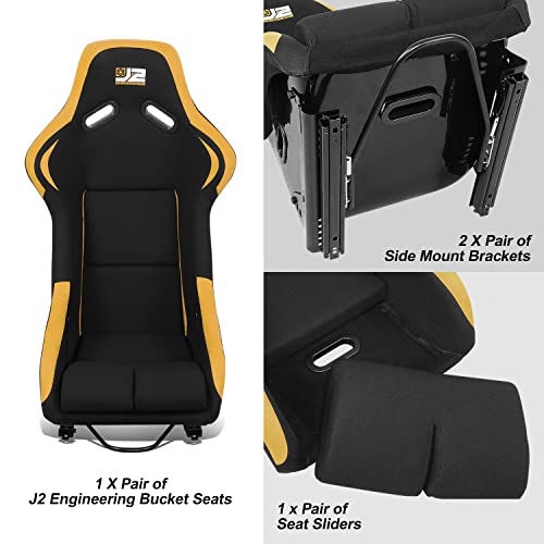 ‎J2 Engineering J2-Rs-001-Ye Pair Of Universal Fixed Position Bucket Racing Seat W/Side Mount Brackets & Sliders For 4 Or 5 Point Harness, Black/Yellow #TOP3