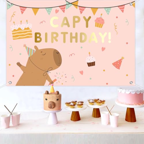 Fondo de cumpleaños Capybara rosa 7x5ft para decoración miniatura 3
