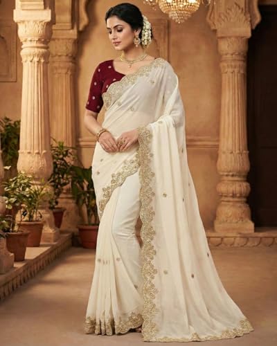 Image of Handcrafted Floral Embroidered Saree with Contrast Blouse