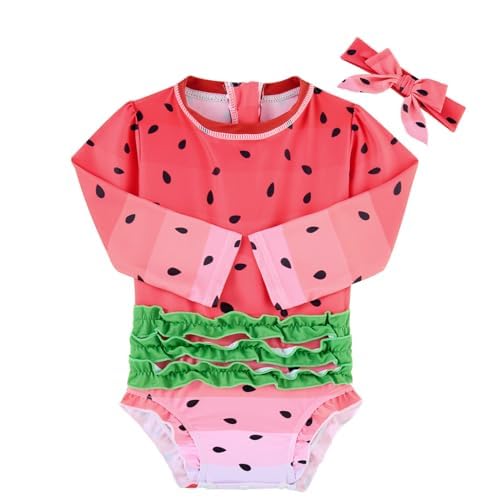 Image of Newborn Baby Girl Swimsuit 0-3 Months Baby One Piece Red Watermelon Bathing Suit Snaps Long Sleeve Swimwear Summer Holiday