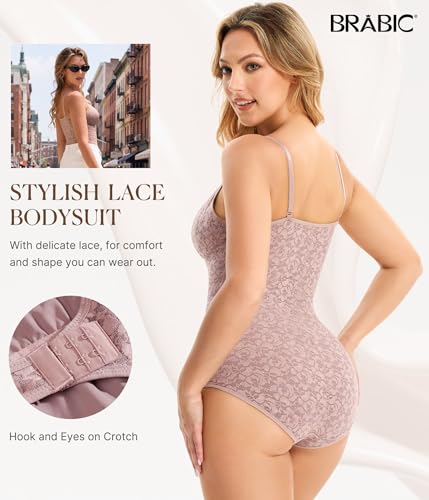 Image of BRABIC Lace Bodysuit for Women Tummy Control Shapewear Sleeveless Tops V-Neck Backless Camisole Jumpsuit Shaper