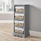 Home Source Bedroom Wooden Storage Unit, Woven Willow Wicker Baskets, 4 Drawer Cabinet Chest, Grey