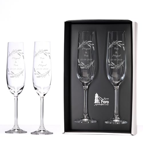JOYERIA EL FARO | Copas gravadas para noivos | Copas personalizadas para casamentos | Cristal boémia de alta resistência | Estojo premium incluído | Brinda e celebra o amor (galhos)