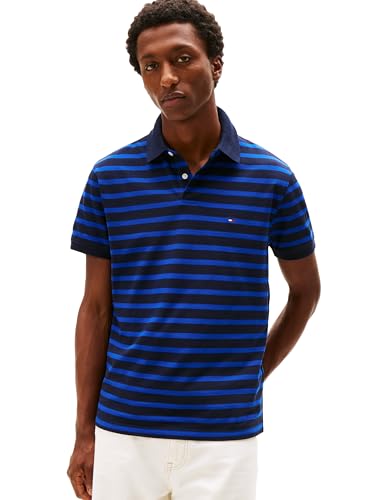 Tommy Hilfiger Men's Short Sleeve Polo Shirts in Classic Fit with Stretch and Organic Pique Cotton, Desert Sky/Wedge Blue, Large