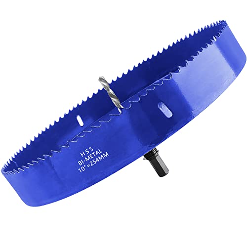 Image of Luomorgo 254mm /10 inch Hole Saw with Arbor, 1 1 /4 inch Cutting Depth HSS Bi-Metal Hole Cutter for Wood Cornhole Boards Plastic Drywall & Metal Sheet, Blue