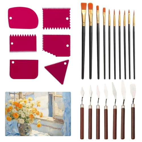 23 Piece Pallet Knife Painting Tools 7 Stainless Steel Palette Knives 6 Acrylic Spatulas 10 Hair and Bristle Brush Sets Painting Knife Set for Oil Painting Gouache Watercolour Rock Painting