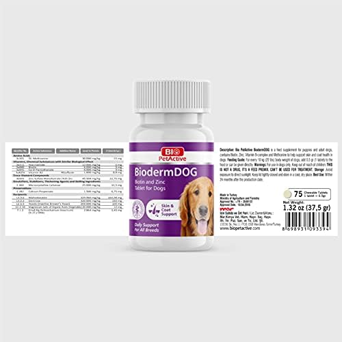 Image of Bio PetActive Biodermdog Biotin and Zinc Tablet for Dogs 0,5 g 75 Tablets Helps in Support Gut Health & Maintain Healthy Skin Condition