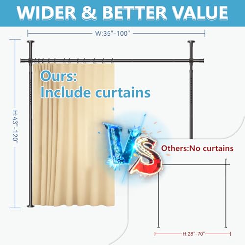 Image of JILRON No-Drill Divider for Room Separation Set: Includes 106 inch W x 96 inch L Beige Curtain & Adjustable Pole Brackets (35-100 inch W x 43-120 inch H Adjustable Range)