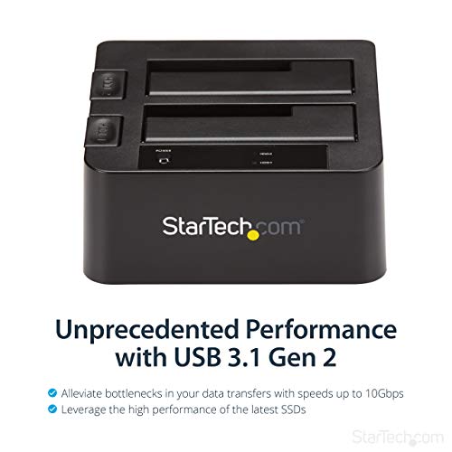 Image of StarTech.com Dual-Bay USB 3.1 to SATA Hard Drive Docking Station, USB 3.1 (10 Gbps), External 2.5 /3.5 inch SATA I /II /III, SSD /HDD Docking Station, Hot-Swap Hard Drive Bay, Top-Loading (SDOCK2U313) | SATA I /II /III (1.5 /3 /6Gbps), Top-loading toaster-style, Tool-less, Eject buttons, 5,000-cycle rated, Includes USB-A cable