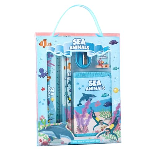 Image of Fancy Stationary Set Sea Animals Design For Kids Children Back To School Office Supplies Perfect Gifts - Blue (2*Fancy Pencils + 1*sharpener+1*Eraser+1*Ruler+1*Wallet)