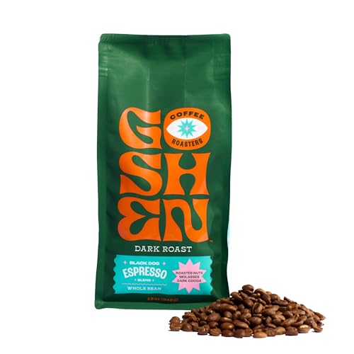 Image of Goshen Coffee Roasters Black Dog Espresso Blend, Dark Roast 12oz Whole Bean | Drip, Espresso or Brewed Coffee, Award-Winning, Natural Washed, Roasted Nuts, Molasses, Dark Cocoa Flavors, Freshly Bagged