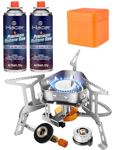 Image of Hacer Portable Camping Gas Stove with Piezo Ignition & Storage Box with Butane Gas Stainless Steel Folding Burner for BBQ Hiking Trekking Traveling and Emergency Use (1 Stove + 2 Butane)