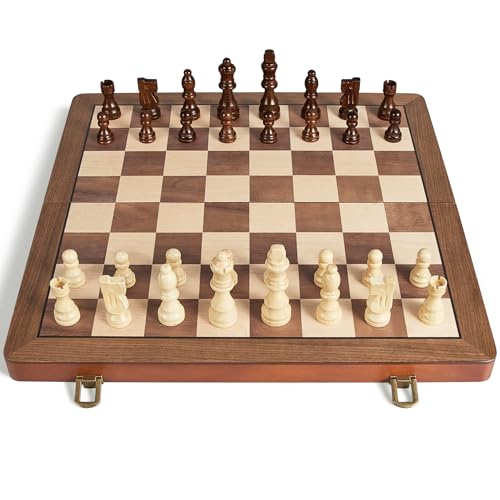 Image of ELONGDI 15 inch Wooden Chess Set with Magnetic Pieces - Extra Queens - Folding Chessboard Portable Travel Tournament Chess Board Games for Adults Kids