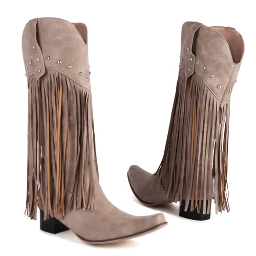 Image of KiutSymo Mid Calf Fringe Boots For Women Cowboy Pointed Toe Chunky Heels Cowgirl Western Tassel Boots