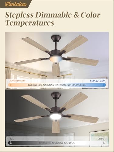 Image of Fanbulous 52 Inch Ceiling Fans with Lights and Remote, Stepless Color Temperature Change & Dimmable 20W LED Ceiling Fan, 6 Speeds Reversible Quiet DC Motor for Bedroom, Living Room, Oil Bronze