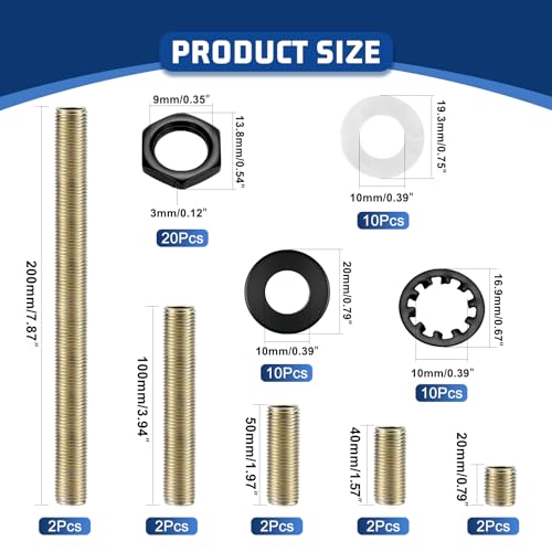 Image of Lamp Repair Hardware Kit-5 Size Thread Lamp Pipe Nipples,20 Lock Nuts,3 Type of Washers,Total 60 Pieces Lamp Repair Hardware Assortment Pack,Perfect for Assembly Lamp and Lamp DIY (Black)