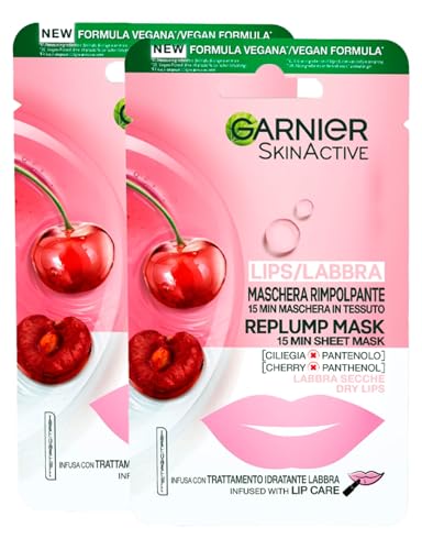 Garnier SkinActive Maschera Labbra Gusto Ciliegia Rimpolpante Idratante in Tessuto Formula Vegana con Acqua Antiossidanti e Pantenolo - 2 Maschere Monouso