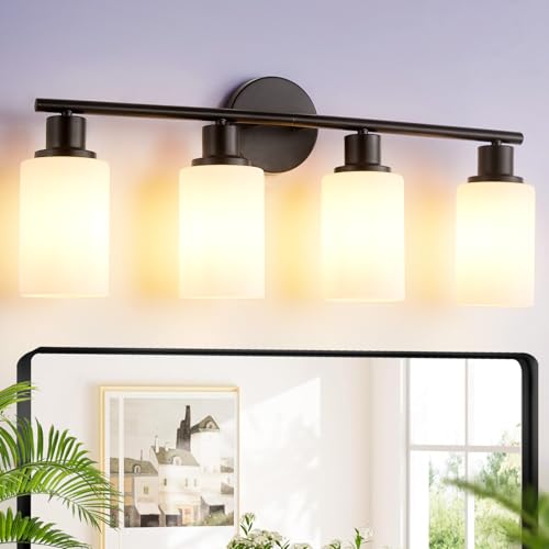 Image of DLLT 4-Light Bathroom Light Fixtures: Black Modern Vanity Lights with E26 Bulbs - Milky White Glass Shade Bathroom Wall Lamp for Mirror Kitchen Living Room Hallway Cabinet Porch