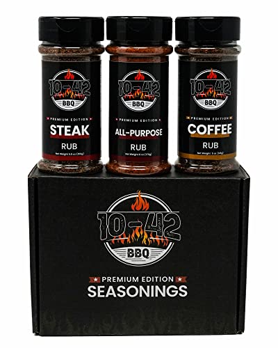 10-42 Steak Seasoning Gift Set – 3 Premium Flavors : All Purpose, Steak, Coffee Rub | Gourmet Meat Seasoning Dry Rub | Barbecue Spices and Seasonings Variety Pack | Grill Gifts | 0 Calorie, No MSG