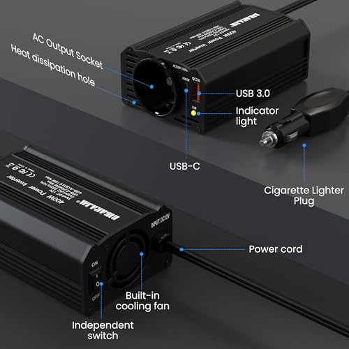 400W Auto Spannungswandler DC 12V auf AC 230V mit 2 Steckdosen und PD65W USB-C, USB-Ports, Schnellladegerät, Autoladegerät mit Zigarettenanzünderstecker für Geschäftsfahrten und Ferien