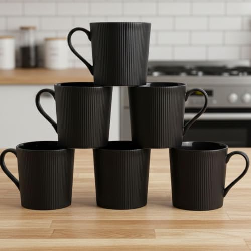Image of Clay Craft Premium Fine Ceramic Coffee & Tea Mug Set with Elegant Gold Line Rim| Modern Ribbed Black Finish| Durable Build| Stylish Design for Home| Office & Gifting (240 Ml)