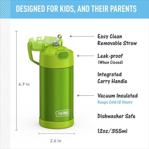 Image of THERMOS FUNTAINER Water Bottle with Straw, 12oz, Lime | Kids Stainless Steel Insulated Water Bottle, Keeps Drinks Cold Longer for School & Play, BPA-Free