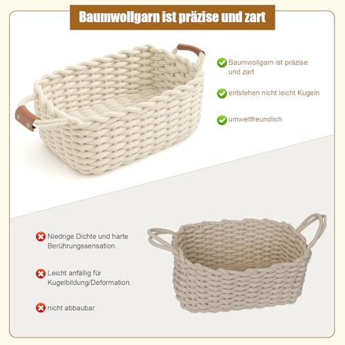 Aufbewahrungskorb Geflochten, Waschbar und Faltbar, Körbchen mit Ledergriffen, Aufbewahrungs box ideal für Accessoires, Kosmetika, das Badezimmer (Weiß, L33*W22*H15CM)