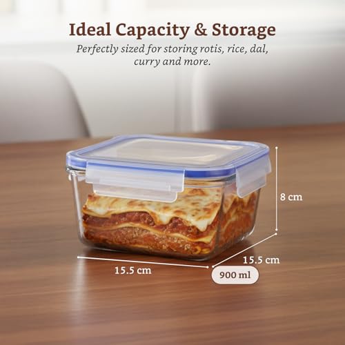 Image of Amazon Brand - Solimo Square Glass Food Storage Container, 900 ml - Set of 3, Airtight & Leakproof, Microwave & Freezer Safe, Transparent