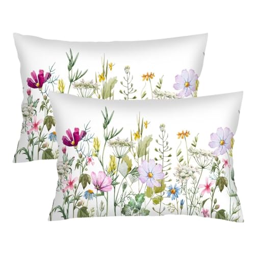 Flowers Throw Pillow Cover Queen Size Set of 2,White Lumbar Pillow Case Wild Flower Plant Vintage Florals Herbs and Botanical Decorative Standard Pillow Cases Bed Cushion Covers for Sofa,20"x30"
