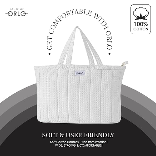 Image of Premium Cotton Waffle Quilted Tote Bag, Large Spacious Handbag for College, Office, Work, Travel, Shopping & Daily Use