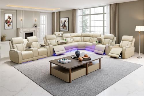 Image of Power Reclining Sectional Sofa Set with LED Light,L Shaped Sofa Leather Sectional Set with 5 Recliner Seats,Modular Couch and Loveseat with USB Port,Cup Holder for Living Room Furniture