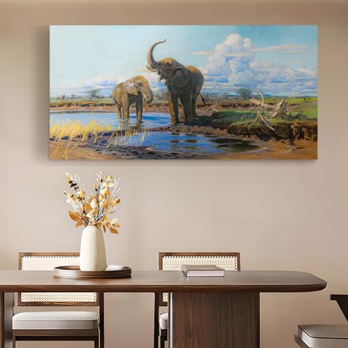 SERIMINO Large Wall Art, Grassland Elephant Canvas Painting 29x57 Inch — view 3