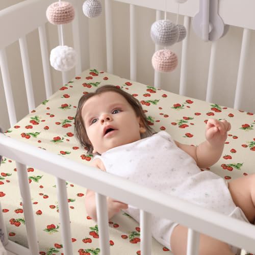 Image of Peryiter 4 Pack Crib Sheets Brown Red Strawberry Soft Baby Bed Sheet Set 52'' x 28 inch Nursery Crib Sheets for Standard Bed Toddler Mattress Nursery Decor Boys Girls Kids