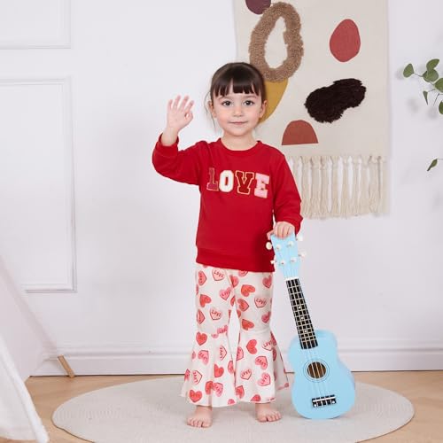 Lucikamy Newborn Baby Girl Valentine's Outfits Long Sleeve Letters Print Sweatshirt Tops Stretch Bell Bottom Pants Spring Clothes (cute red love, 18-24 Months) - Thumbnail 2