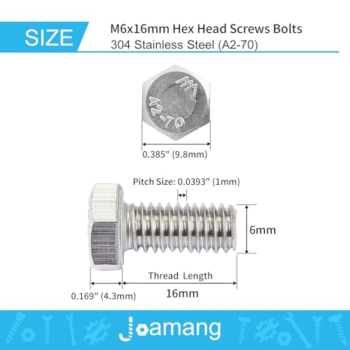 Image of M6-1.0 x 16mm Hex Head Screws Bolts, M6 x 1.0 Bolt, 304 Stainless Steel(A2-70), Hexagon Head Bolts, Metric Fully Thread, Bright Finish, Quantity 25