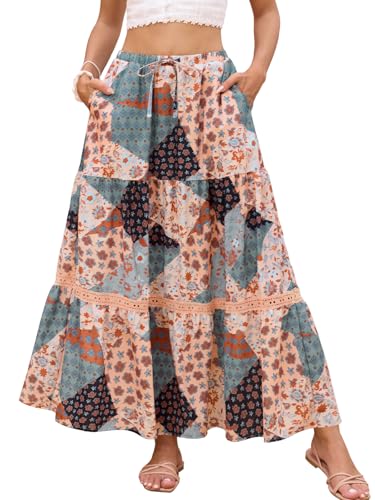 DJT Women's Boho Elegant Lace Trim Swing Tiered Maxi Skirt High Waisted Tie A Line Flowy Long Skirts with Pockets ‌Multicolor Block L