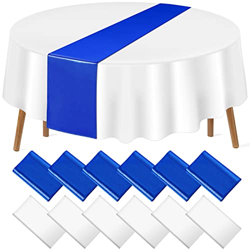 12 Pack 12x108 Inch Satin Table Runner and 84 Inch Round Plastic Tablecloths Set Royal Blue and White Disposable Table Cover for Graduation Wedding Bridal Shower Anniversary Birthday Party Decorations by MASHAN - Used condition - US$24.69
