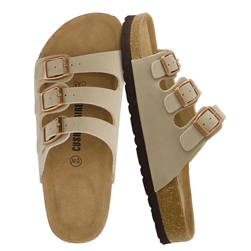 CUSHIONAIRE Lela Slip On Womens Sandals with Vegan Adjustable Straps & Genuine Suede Cork Footbed - Comfortable Memory Foam Sandals for Women 2025, STONE 7.5