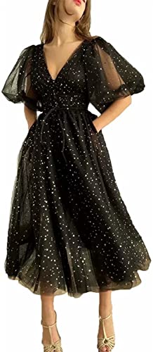KURFACE Vestido de baile de graduación con mangas abullonadas brillantes estrelladas al aire libre, vestidos de novia con cuello en V, té, vestido largo de fiesta de noche para mujer, Black, 56 Cover