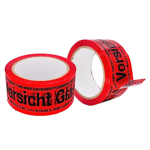 BIGtec 1 Rolle Paketklebeband Vorsicht Glas Klebeband Packband Paketband Verpackungsband Kartonband Standard 66m lang 48mm breit rot Verpackungsmaterial Paket Karton